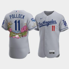 Men's Los Angeles Dodgers #11 A.J. Pollock Gray 2020 World Series Champions Authentic Tommy Bahama Jersey