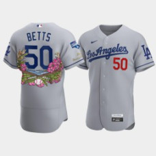 Men's Los Angeles Dodgers #50 Mookie Betts Gray 2020 World Series Champions Authentic Tommy Bahama Jersey